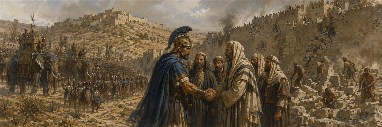 An elephant-led Hellenistic army approaches a fortified Judean city as defenders prepare and later negotiators seek peace